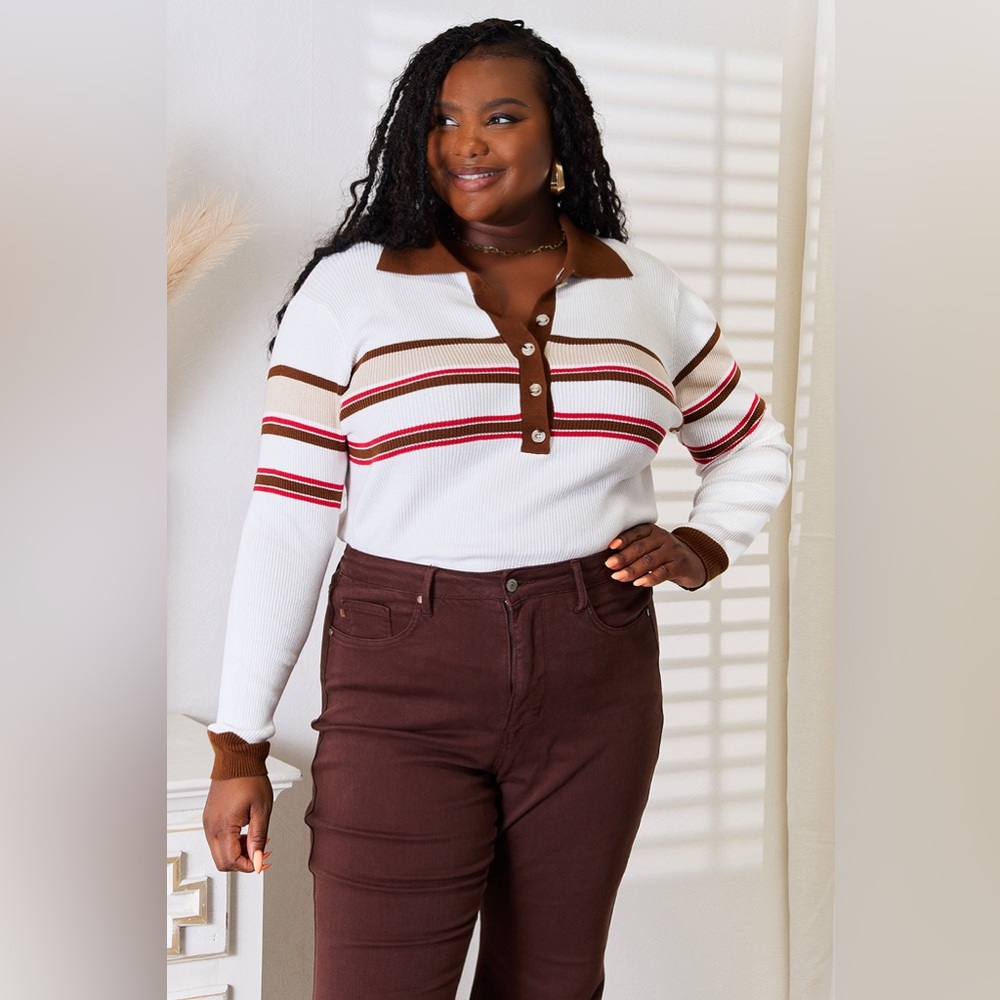 Basic Bae Striped Collared Neck Rib-Knit Top - Picture 5 of 8